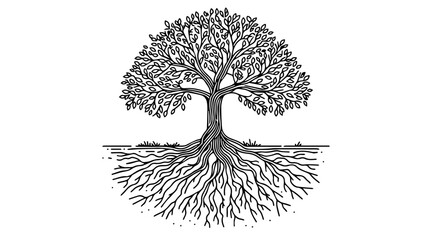 tree with visible roots line art vector
