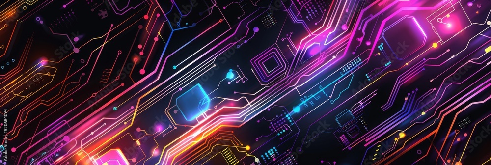 Poster a vibrant and eyecatching abstract circuit design that showcases neon colors and glowing elements in
