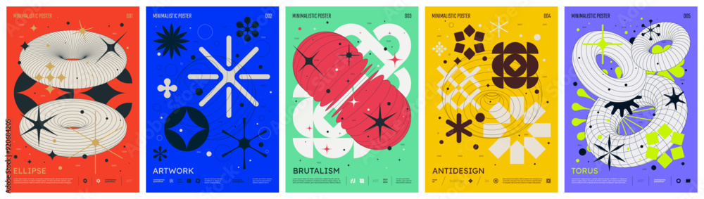 Poster Minimalistic brutalism colorful trendy poster, abstract geometric composition graphic in Y2K aesthetics, vector simple shapes rave print artwork modernism and Retro futuristic style A4 format
