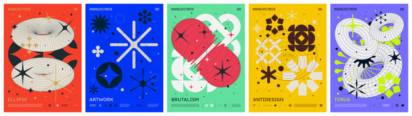 Minimalistic brutalism colorful trendy poster, abstract geometric composition graphic in Y2K aesthetics, vector simple shapes rave print artwork modernism and Retro futuristic style A4 format © max_776