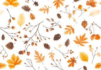 Fototapeta premium Soft orange watercolor leaves and pine cones dance in a seamless autumnal pattern.