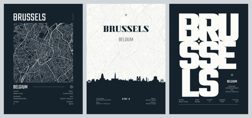 Set of travel posters with Brussels, detailed urban street plan city map, Silhouette city skyline, vector artwork, set 2 © max_776