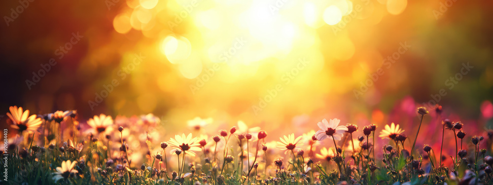 Wall mural a field of flowers with the sun shining on them