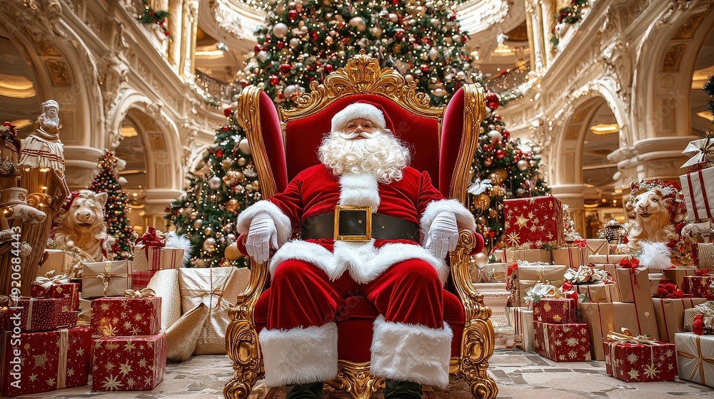 Poster Santa Claus sits comfortably in a lavish chair, surrounded by a beautifully decorated Christmas tree and numerous gifts in a festive setting