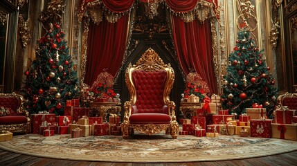 A luxurious throne sits in an opulent room adorned with Christmas trees, surrounded by colorful presents and festive decorations