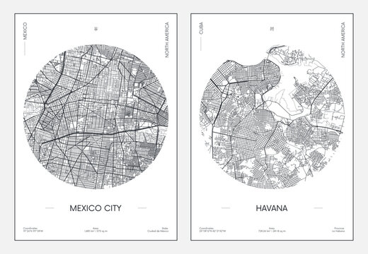 Travel poster, urban street plan city map Mexico city and Havana, vector illustration