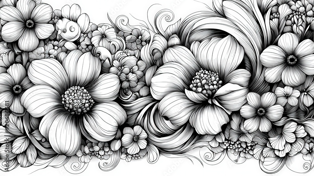 Fototapete a detailed black and white illustration showcases an array of flowers intertwined with elegant swirl