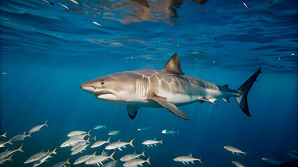 Fototapeta premium a hungry great white shark patrolling the clear