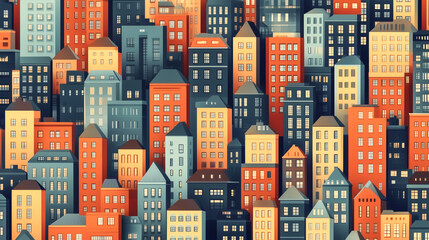 Obraz premium Vibrant cityscapes dance in a seamless pattern, filled with windows and warm city lights.