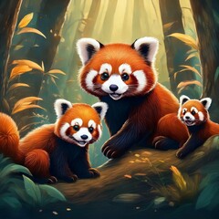 숲속 랫서 팬더 가족