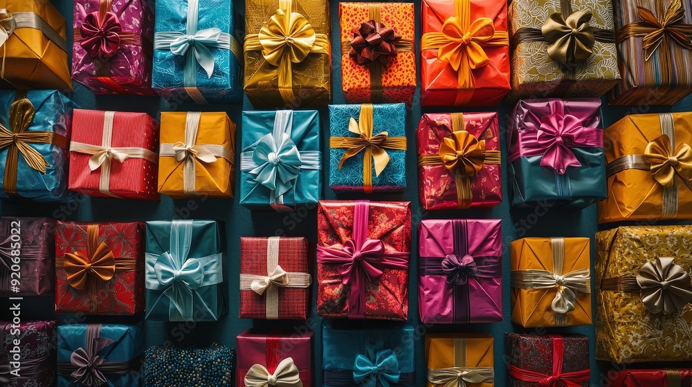 Poster A collection of vibrant gift-wrapped boxes with various patterns and ribbons displayed for a holiday or special occasion