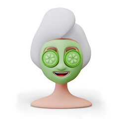 Smiling woman with towel on her head, cosmetic mask and cucumbers on her face
