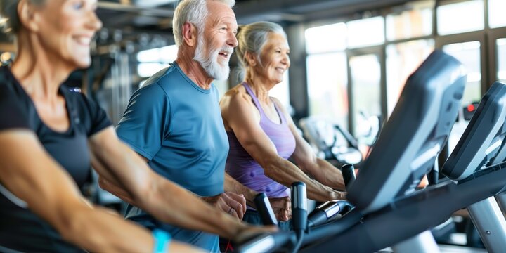 old aged happy senior couple doing sports in a gymnastics studio