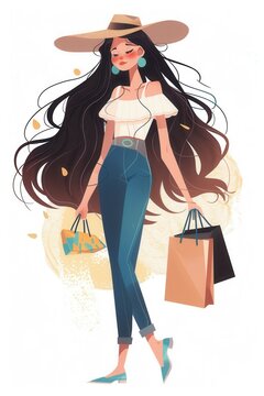 recommend clip art: Artistic illustration of female shopping with shopping bags