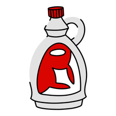 Flat vector illustration of a glass bottle with maple syrup. The white bottle has a classic shape with a handle, a twist-up lid and a label with a red maple leaf on it. An isolated object on white