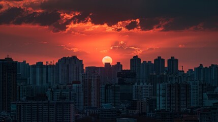 Fototapeta premium Stunning Sunset Over Urban Skyline With Majestic Clouds and Reflections