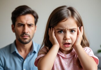Toddler girl covering her ears to block out parents' arguing, depicting child trauma and family conflict
