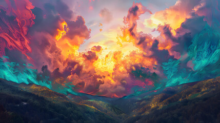 A mountain range with a large, red and orange cloud in the sky