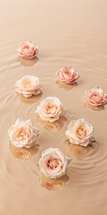 Fototapeta premium Beautiful delicate roses float gently on the water, creating a serene and romantic atmosphere with rippling reflections and petals scattered on the surface