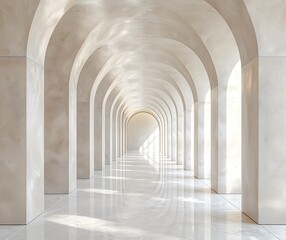 Obraz premium A minimalist marble corridor with arched ceilings and natural light streaming in, perfect for architectural design presentations or modern interior decor concepts,