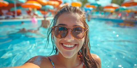 A woman with sunglasses takes a joyful selfie in a swimming pool, surrounded by colorful umbrellas, perfect for summer, vacation, or leisure content,