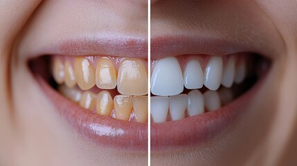 A close-up view reveals a side-by-side comparison of teeth, highlighting the contrast between yellowed and whitened teeth, illustrating effective whitening results