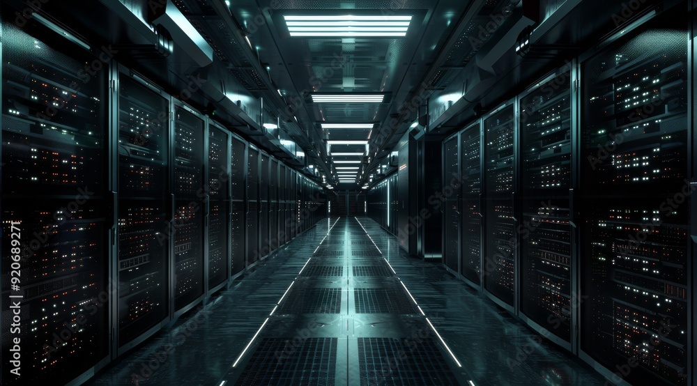 Poster a sleek and modern server room that showcases advanced technology along with organized data storage 