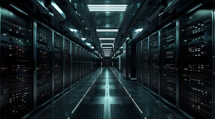 A sleek and modern server room that showcases advanced technology along with organized data storage solutions