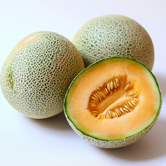 A whole melon sits on a bright white background, its patterned skin and rounded shape creating a visually appealing contrast