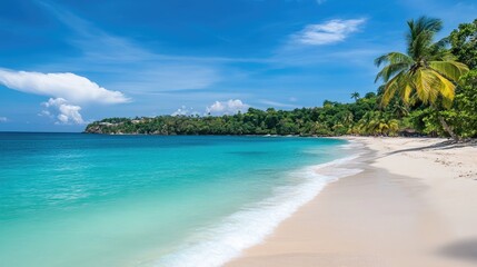 Stunning Jamaican beach with turquoise waters and palm trees, set against a bright blue sky.