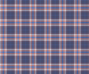 Plaid fabric pattern, purple, blue, orange, white, seamless for textiles and design clothing, skirts, pants, aprons, tablecloths, blankets or decorative fabrics. Vector illustration.