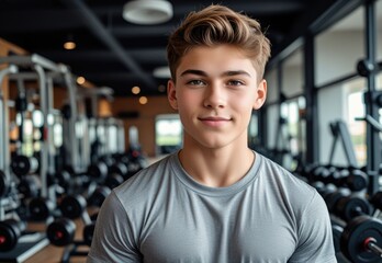 Obraz premium Handsome teenage boy in modern gym, looking at camera, smiling while standing among weights