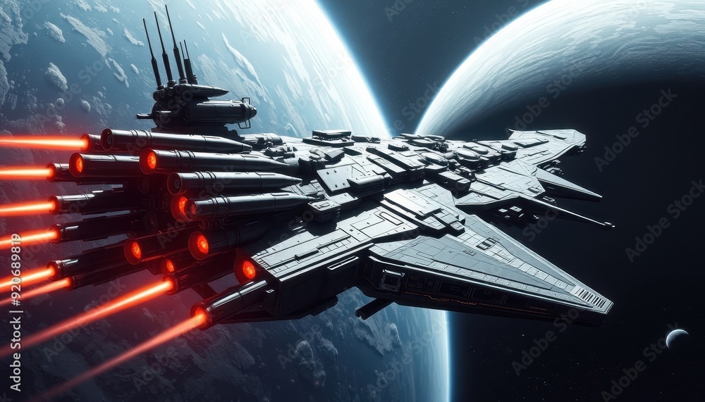 Poster spaceship in orbit around a planet.