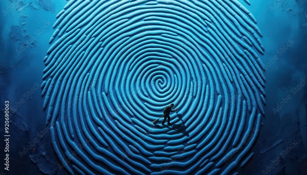 Poster man walking through fingerprint pattern.