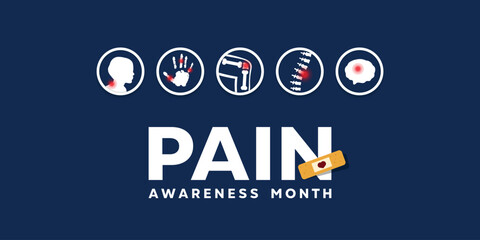 September is the month of Pain Awareness. Back, hand, knee, spine and brain. Suitable for cards, banners, posters, social media and more. Dark blue background.