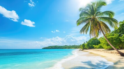 Stunning Jamaican beach with turquoise waters and palm trees, set against a bright blue sky.