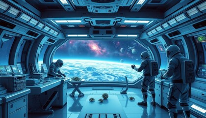 Obraz premium Astronauts in a Spacecraft Observing Earth and the Milky Way.