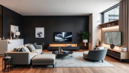 Fototapeta premium Modern Living Room with Gray Sofa and Black Accent Wall.