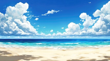 Fototapeta premium Summer beach with blue sky and scattered white clouds. Perfect for a tropical vacation.