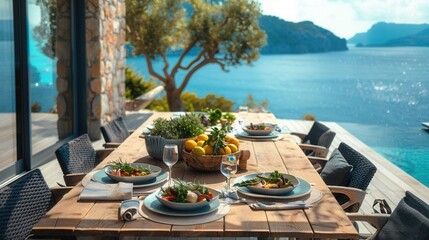 Luxury meal on table at vacation house with scenic view