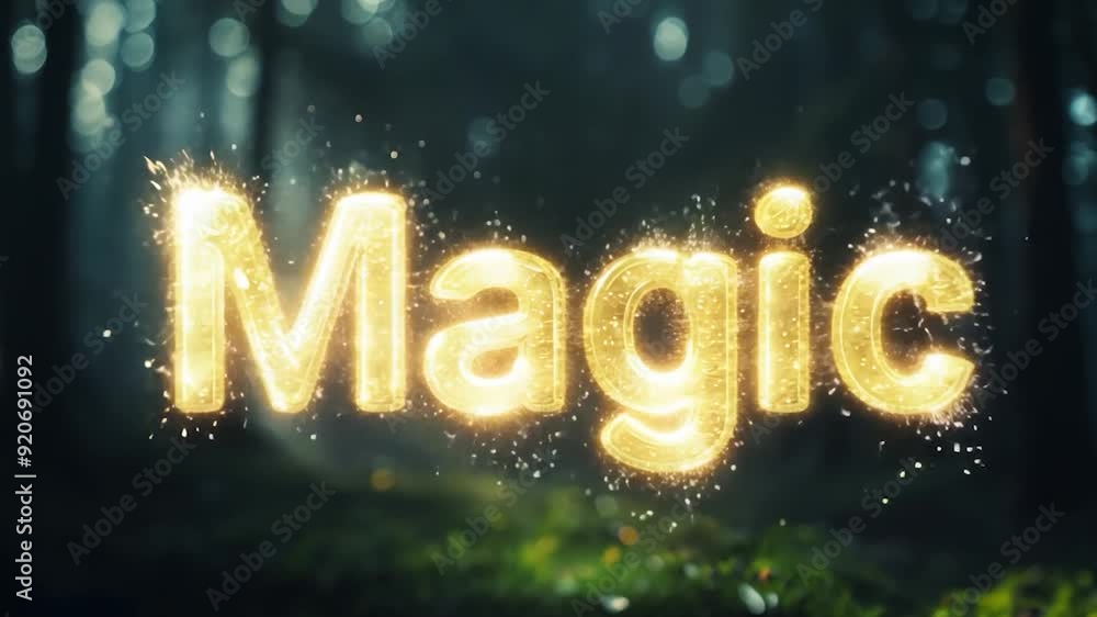 Poster golden sparkling magic text in dark forest with light shining through trees, creating mystical atmos