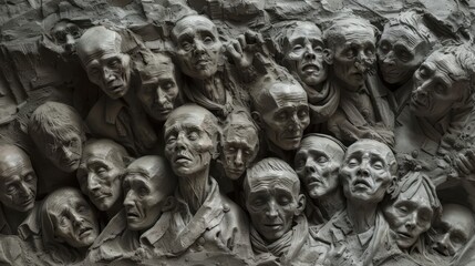 Fototapeta premium Multitude of sculpted faces in a monochromatic palette, showcasing a variety of expressions
