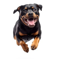 Fototapeta premium Happy Rottweiler Dog Running Joyfully on a white background.