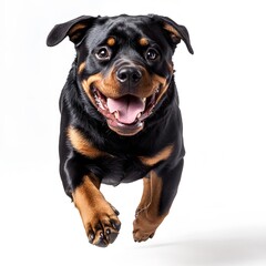 Fototapeta premium Happy Rottweiler Dog Running Joyfully on a white background.