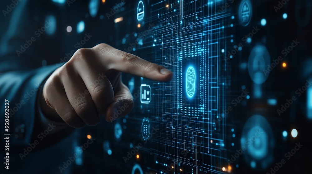 Poster person interacting with a digital interface featuring blue circuitry and biometric data in a modern 