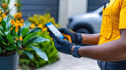 Delivery worker checking order details on smartphone.