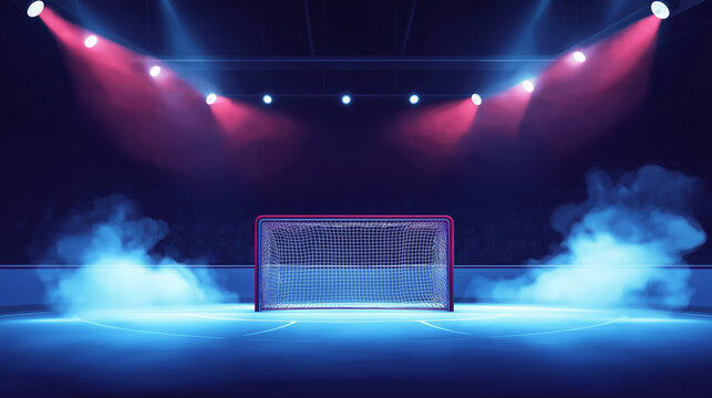 Flat illustration of ice hockey goal on empty ice hockey arena in blue purple colors with smoke effect.