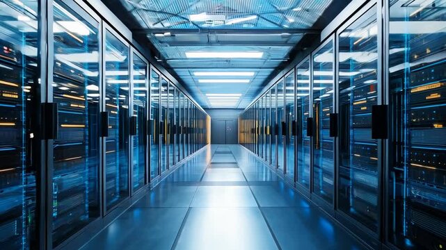 Data center, camera traveling through an aisle surrounded by servers
