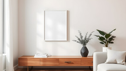 Minimal living room with wooden furniture and plants