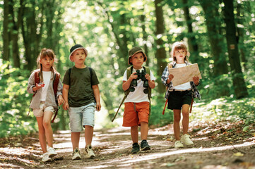 Walking together. Kids in forest at summer daytime